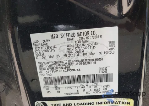 2012 Ford F-150 Lariat from USA, damaged, VIN 1FTFW1ET4CFC08756